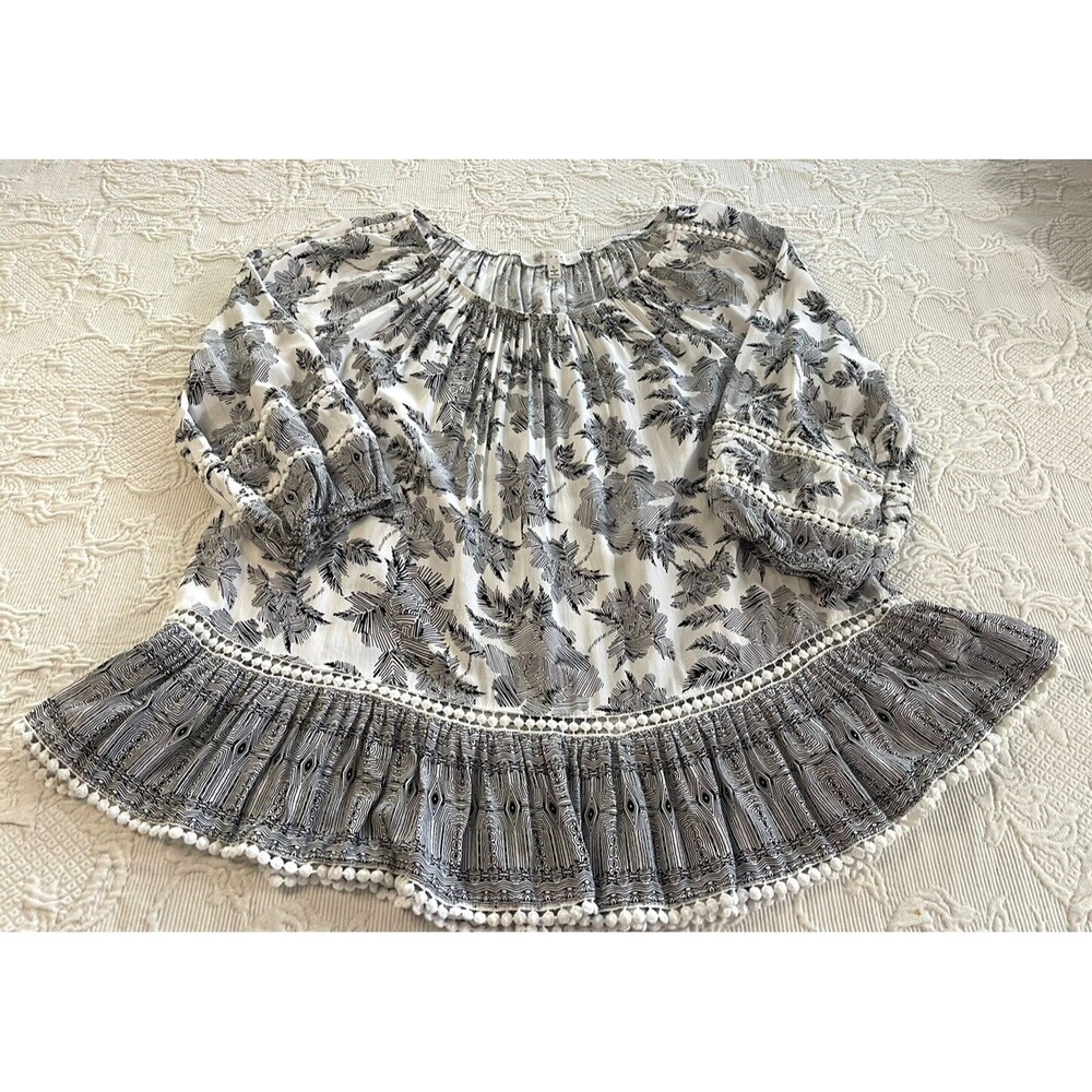 Fever Peasant Bohemian Top Shirt Black White Decorative L Sleeves Lady Large